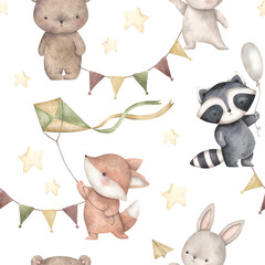 Woodland frends. Watercolor hand-drawn seamless pattern with funny forest animals on white background. Cute print for kids