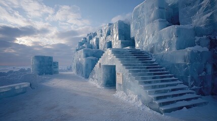 Blue ice sculpture scene in cold environment, frozen art structure with abstract geometric shapes and icy textures