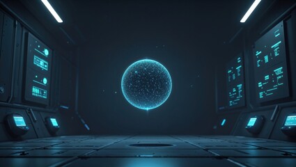 Glowing blue holographic sphere hovering in tech chamber, with display panels and control consoles