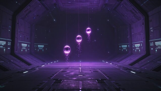 Hovering three glowing purple spheres releasing particles in starship corridor, amid metal panels