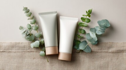 Cosmetic bottles with eucalyptus flowers towels and linen on pastel background top view flat lay natural organic skincare and spa concept perfect for beauty product branding body care wellness design