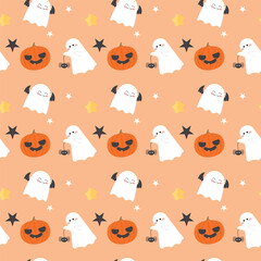 Happy halloween seamless pattern for fabric or Repeat Background isolated Background. Cute character of ghost star and pumpkin in orange and purple illustration flat vector.