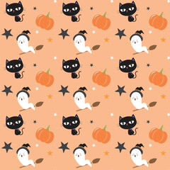 Happy halloween seamless pattern for fabric or Repeat Background isolated Background. Cute character of ghost star and pumpkin in orange and purple illustration flat vector.