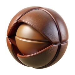 Brown leather sphere with inner core isolated on white background