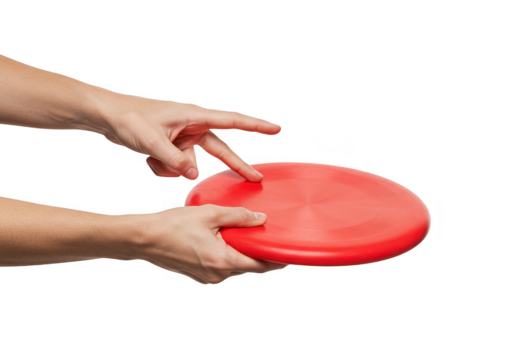 A hand prepares to throw a red frisbee, isolated on transparent background, ready for a fun outdoor game