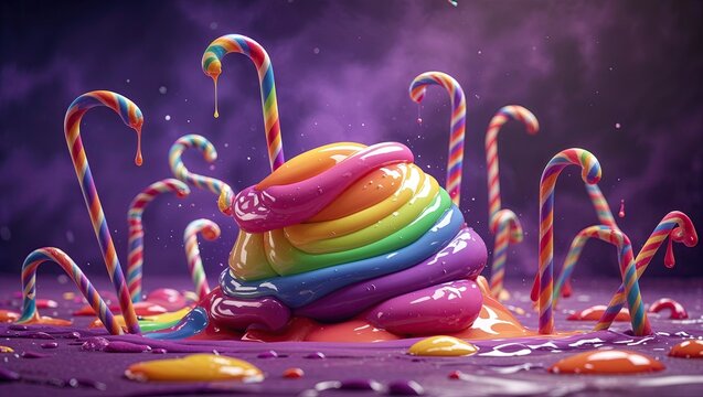 Swirling rainbow-colored slime mound oozing on smooth purple floor, with syrup-dripping candy canes - Powered by Adobe