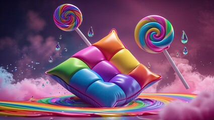 Floating inflatable cushion above rainbow pool in candy land, with spiral lollipops and droplets
