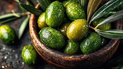 Bowl of green olives with leaves, Mediterranean food ingredient for healthy eating, cooking or organic lifestyle scene