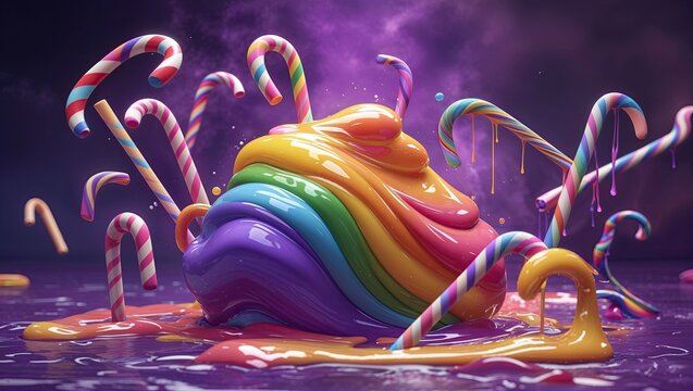 Flowing glossy rainbow fluid mound resting on reflective surface, with candy canes and paint drips - Powered by Adobe