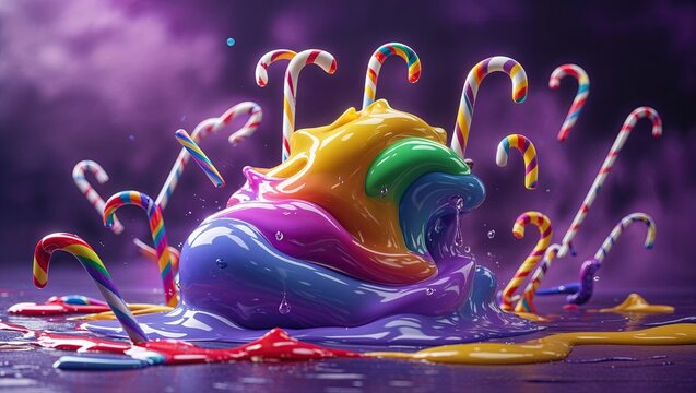 Scattering candy cane sticks around glossy rainbow liquid mound on studio tabletop with purple haze - Powered by Adobe