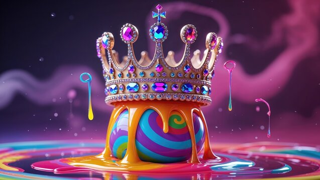 Dripping colorful paint from ornate gold crown on striped sphere over reflective platform in studio - Powered by Adobe