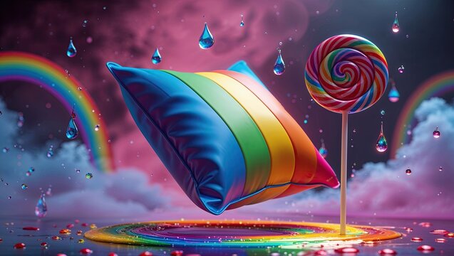 Floating rainbow-striped pillow hovering above swirl pool in cloud mist, with lollipop, droplets