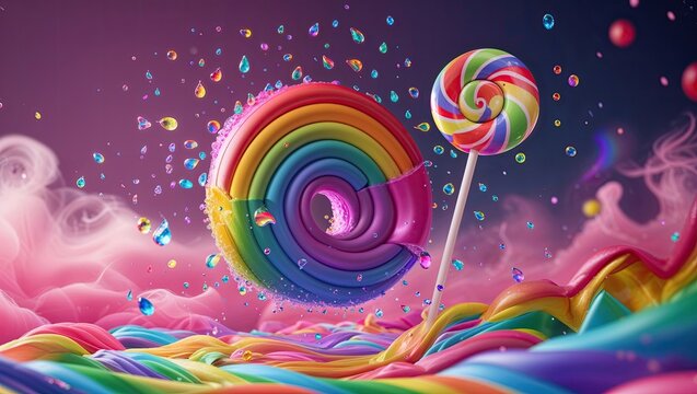 Floating large rainbow swirl donut candy gleaming in fantasy candy landscape, with spiral lollipop - Powered by Adobe