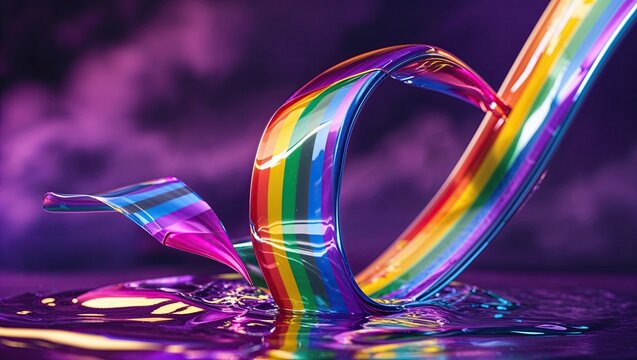 Swirling rainbow-colored fluid ribbon splashing into reflective liquid surface in digital studio