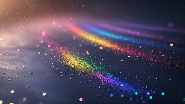Shimmering rainbow-colored glitter trails forming on studio tabletop surface, with bokeh highlights