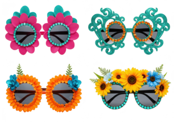 A collection of funky and colorful floral sunglasses for summer fashion, isolated on transparent background