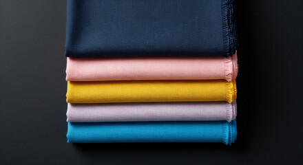 Fototapeta premium Illustration of neat stack of five folded fabric pieces in various vibrant colors, including blue, pink, yellow, purple, and turquoise, arranged on dark surface