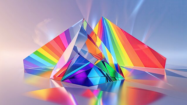 Gleaming crystal prisms refracting colors on reflective plane in studio, with light flare effects
