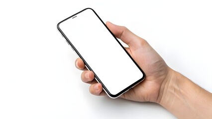 Person is holding a smartphone with a blank white screen against a clean background for app designs and marketing