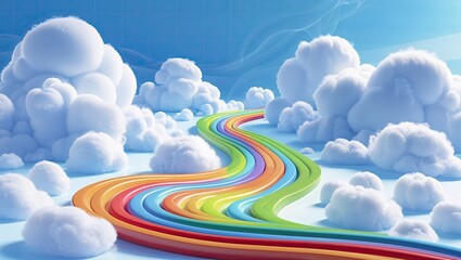 Winding rainbow ribbon path rising through fluffy cloud shapes on shiny floor, with blue grid wall