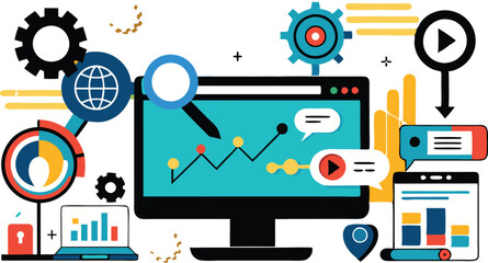 An illustration symbolizing Search Engine Optimization (SEO) with elements like magnifying glasses, charts, gears, and currency, often emphasizing digital marketing and online visibility