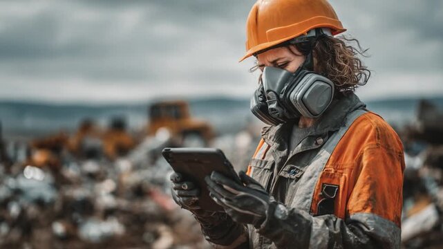 Environmental Assessment: A focused environmental inspector meticulously examines data on a tablet, wearing protective gear amidst a waste disposal site.