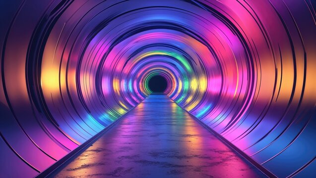 Casting glow from neon light strips across metallic tunnel walkway, with concentric ring supports