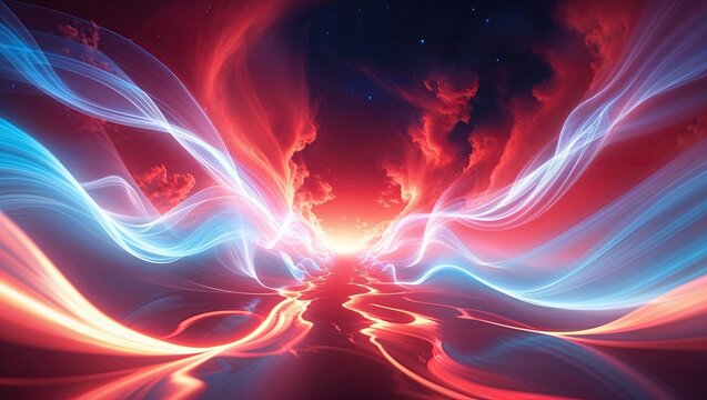 Glowing light ribbons twisting across digital realm, red blue streams and cloudlike starry sky - Powered by Adobe