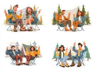 Cheerful man and woman in hiking clothes, sitting on folding chairs, wearing light hiking clothes and hiking boots, surrounded by attentive pine trees in the background, in a minimal white background.