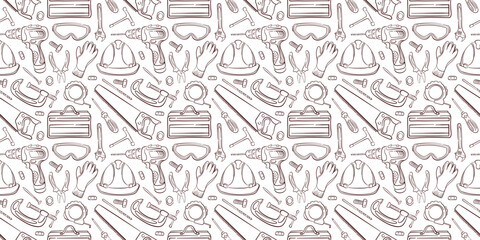 Seamless pattern with construction repair tool, safety gear and equipment in line art style. Ideal for workshop, background, hardware store packaging and industrial themed design.