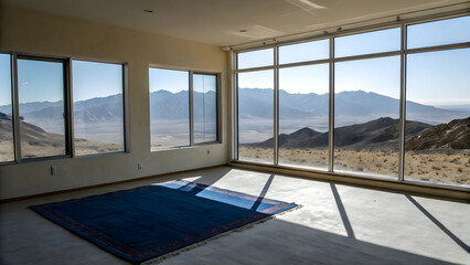 Bright Room with Desert View Large Windows and Blue Rug Interior Design Home Decor Scenery