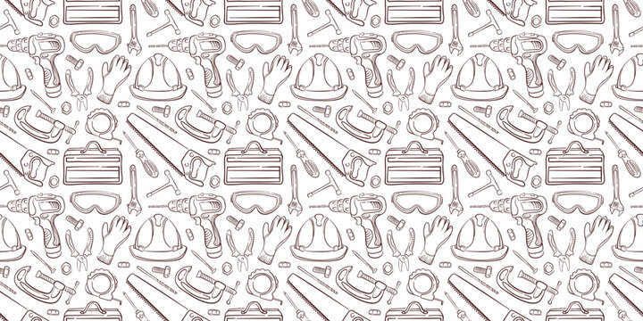 Seamless pattern with construction repair tool, safety gear and equipment in line art style. Ideal for workshop, background, hardware store packaging and industrial themed design.