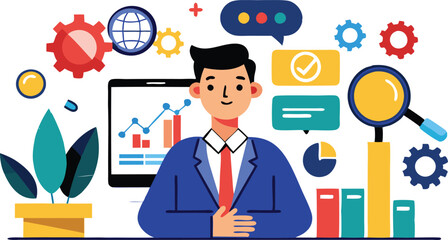 An illustration symbolizing Search Engine Optimization (SEO) with elements like magnifying glasses, charts, gears, and currency, often emphasizing digital marketing and online visibility