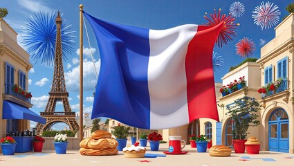 Waving French tricolor flag on golden pole in open-air plaza, with Eiffel Tower and French pastries