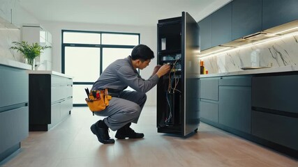 Professional technician repairing kitchen appliance with precision tools in modern home