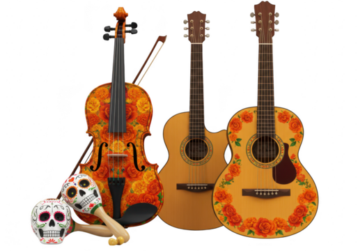 A collection of musical instruments for the day of the dead isolated on transparent background - Powered by Adobe
