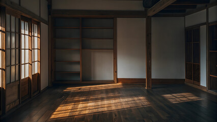 Empty Japanese Room with Wooden Floor and Sliding Doors in Traditional Style Architecture
