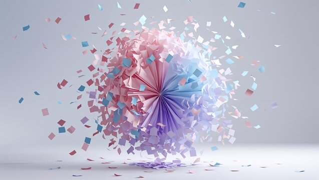 Floating abstract pastel sphere fragmenting in studio, with confetti fragments dispersing outward