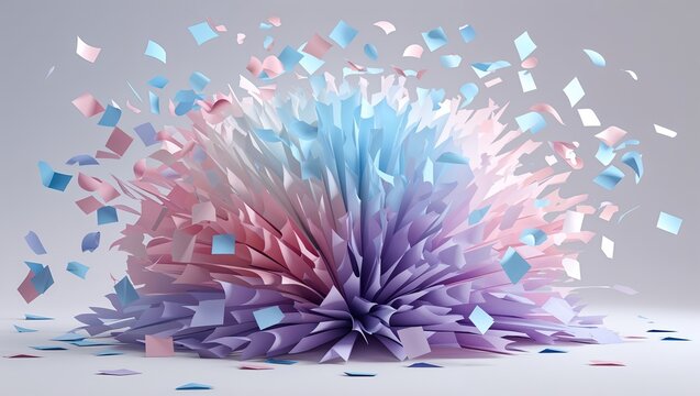 Bursting pastel paper fragments scattering in studio, with pink blue lavender confetti shards - Powered by Adobe