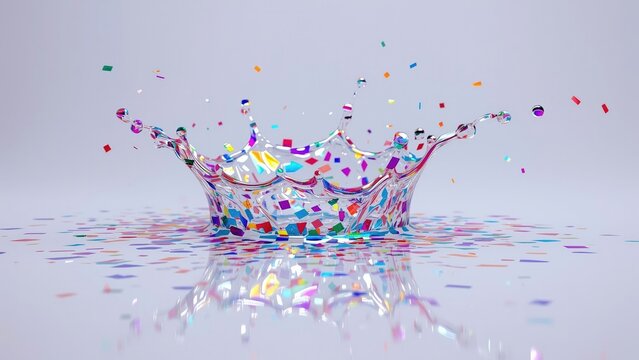 Forming crown-shaped water splash rising above reflective studio floor, with colorful confetti - Powered by Adobe