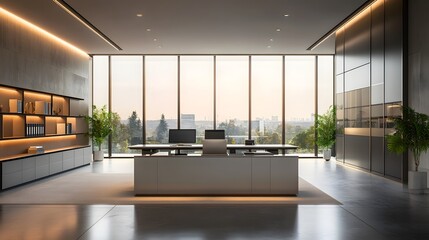 Modern Executive Office with Panoramic View: An elegantly designed office space is bathed in natural light, the centerpiece being a large desk facing a panoramic window offering breathtaking views.