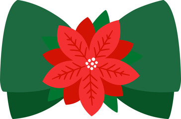 Bow Decorated with Christmas Plant Flat Vector Illustration isolated.  
Festive Poinsettia Bow Graphic.
Holiday Bow Tie Decorations Clipart.
Transparent background.SVG.