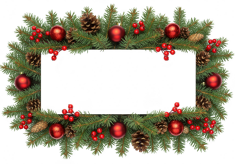 A festive christmas frame made of fir branches, pine cones, red berries and ornaments surrounds a blank white rectangular space isolated on transparent background