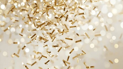 Drifting metallic gold confetti strips creating festive motion in event space, warm bokeh lights