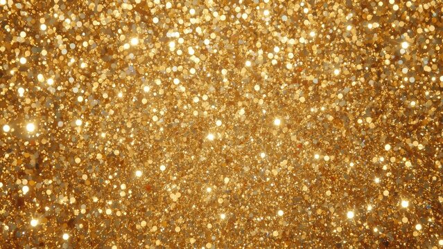 Glittering gold glitter particles drifting across abstract backdrop with circular bokeh reflections