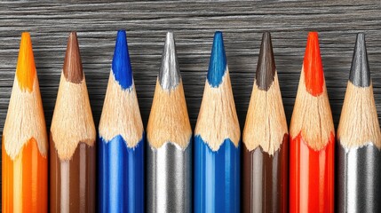 Colorful pencils arranged in a row on a wooden surface with no transparency