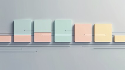Floating pastel blocks forming timeline on light grey backdrop, with thin arrow lines