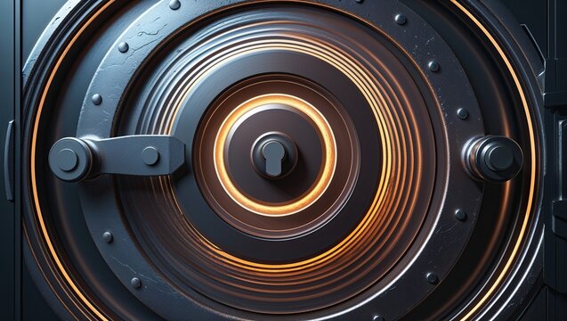 Displaying vault door with glowing concentric plates, central keyhole and latch arm inside vault - Powered by Adobe