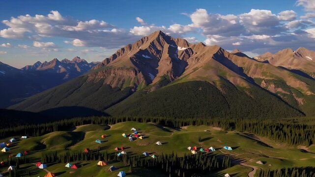 peaceful backpacking campsite in the scenic during golden hour as hikers watch the sun set over the snow dusted peaks under a soft blue sky