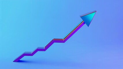 Displaying 3D metallic arrow tilting upward right in gradient studio, with blue purple teal steps